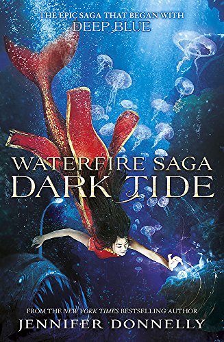 A mermaid with a red tail swims underwater surrounded by jellyfish and a large fish.