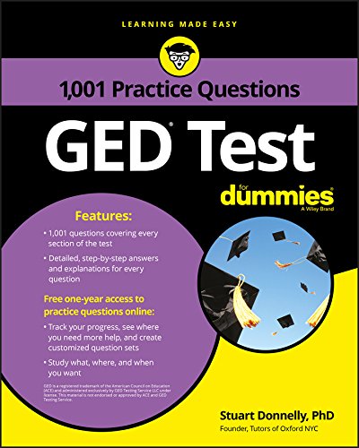 Blue and yellow GED test practice questions book with a graduate illustration.