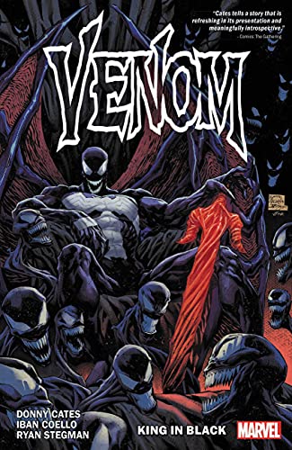 Venom comic book cover featuring the symbiote and red figure.