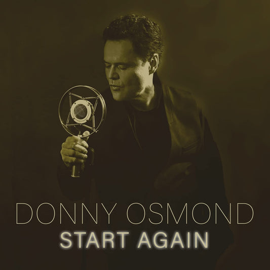 "CD cover with Donny Osmond holding a vintage microphone, sepia-toned background."