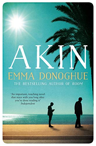 Book cover for Akin by Emma Donoghue featuring silhouettes against a sunny coastal background.