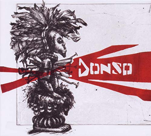 Black and white sketch of a figure with a large headdress and red text.