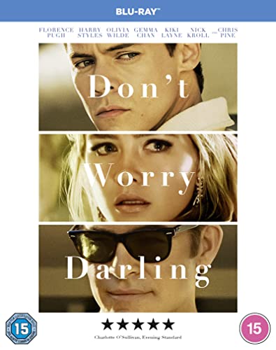 Blu-ray cover featuring three close-up portraits of characters from Don't Worry Darling.