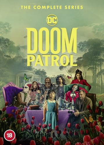 “Doom Patrol” DVD cover featuring the team posed around a surreal tea party.