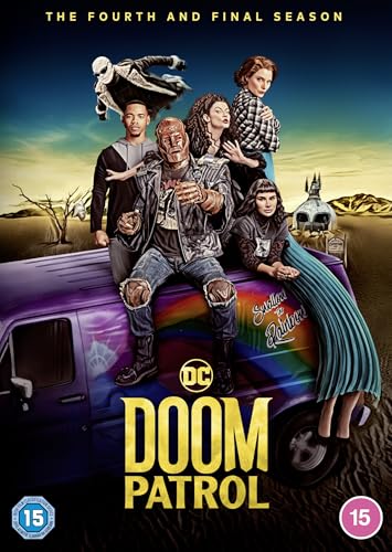 The Doom Patrol cast poses on a purple van in a desert landscape.