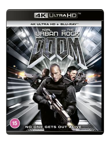 “Doom” 4K Blu-ray steelbook cover featuring Karl Urban and soldiers with guns.