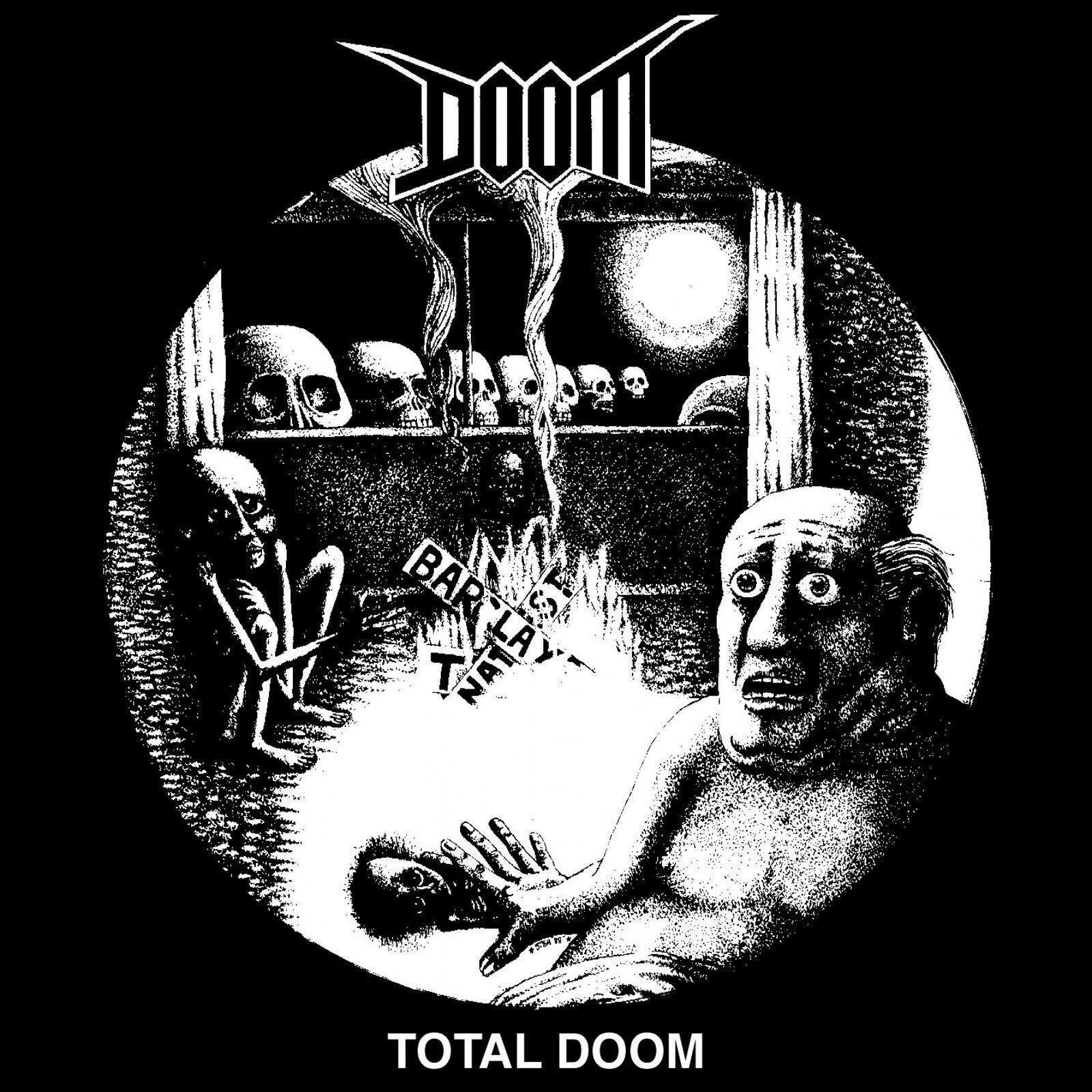 Black and white illustration of skulls and grotesque figures with the text Doom above.
