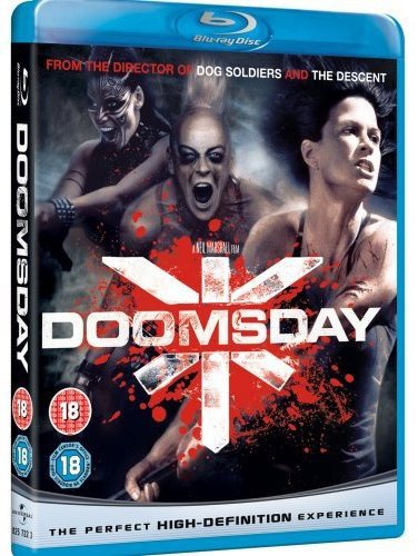 Blu-ray cover for Doomsday featuring three aggressive characters over a red splattered background.