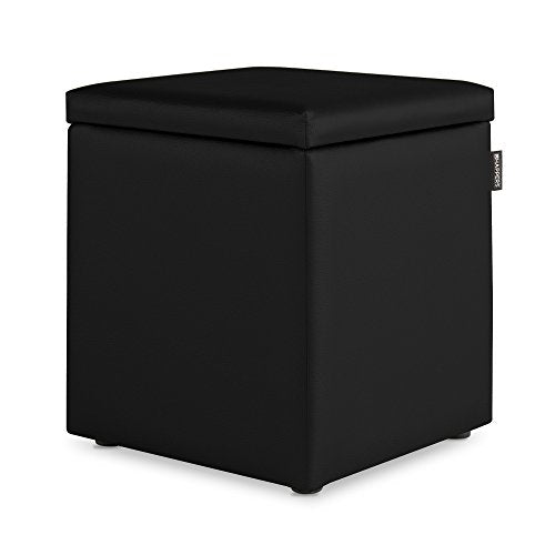Black square ottoman with a cushioned top, isolated on white.
