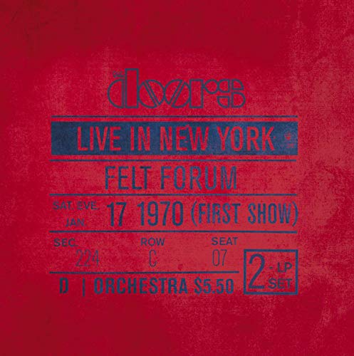 Red album cover for The Doors’ “Live in New York” vinyl record.