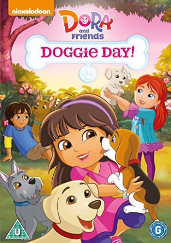 "Dora and Friends: Doggie Day!" DVD cover featuring Dora surrounded by children and dogs.