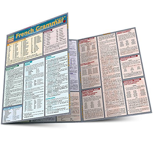 Folded French grammar reference guide with charts and tables of conjugations.