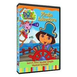 Dora's Pirate Adventure" DVD cover featuring Dora and Boots in pirate costumes.