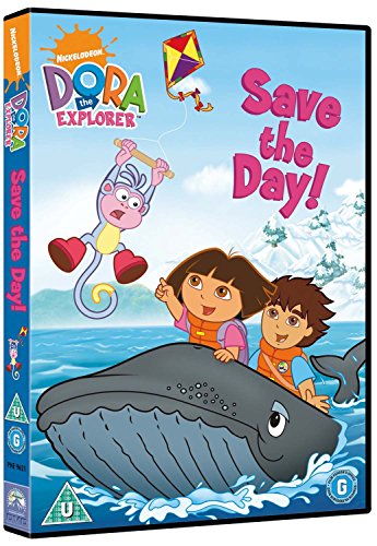 Dora and Diego riding a whale with Boots the monkey flying a kite above.