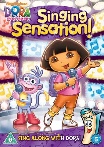 Dora the Explorer and Boots singing into microphones on a DVD cover.