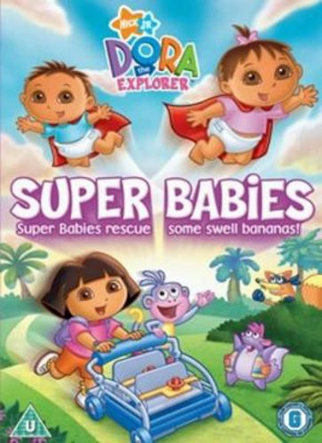 Dora the Explorer: Super Babies" DVD cover with Dora, Boots, and baby superheroes.