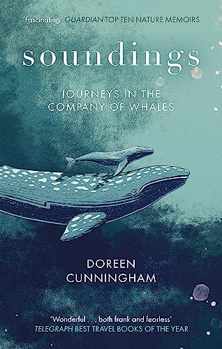 Book cover: "Soundings" with illustration of whales and dark blue tones.