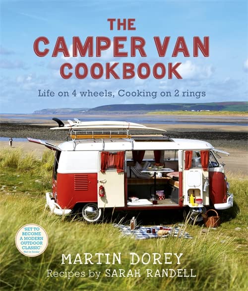 Red and white vintage camper van with open door, cookbook cover.