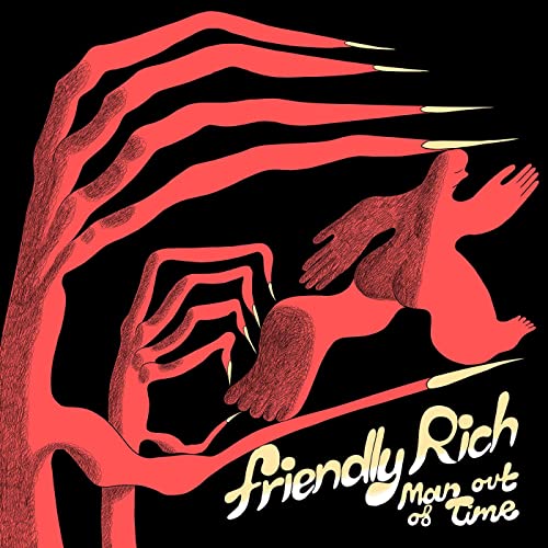 Stylized red figure running from large red hands against a black background.