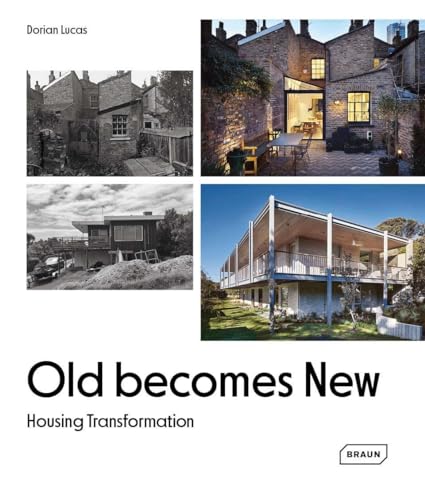 Book cover: architectural transformations, before-and-after photos, brick buildings.