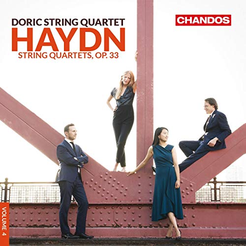 Doric String Quartet album cover featuring four musicians on a red beam.