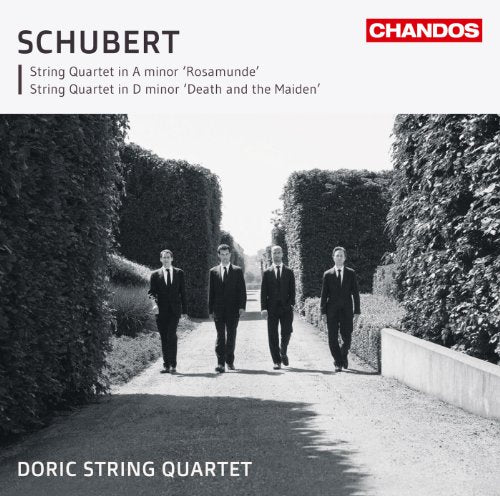 CD cover: Doric String Quartet in suits walking down a garden path.
