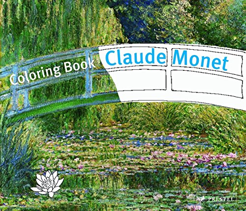 Coloring book cover featuring Monet’s water lilies and a bridge scene.