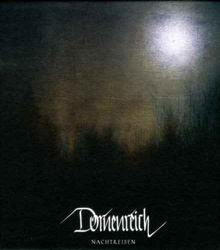 Dark, moody forest landscape under a moonlit sky with Dornenreich Nachtreisen text at bottom.