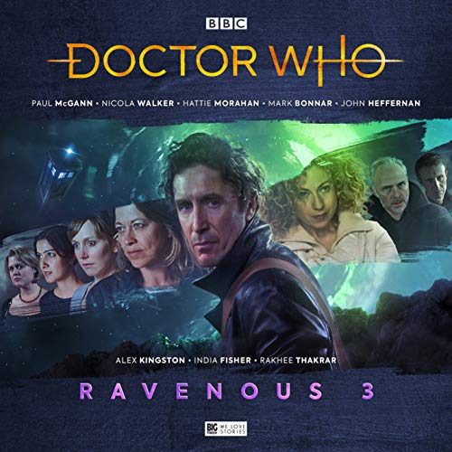 Doctor Who audiobook cover featuring cast portraits and a futuristic cityscape.