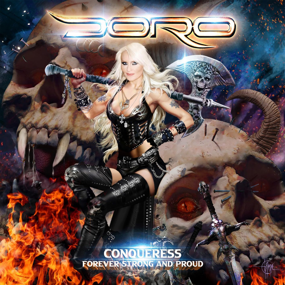 "Album cover featuring a blonde woman in black armor holding axes, surrounded by skulls and flames."