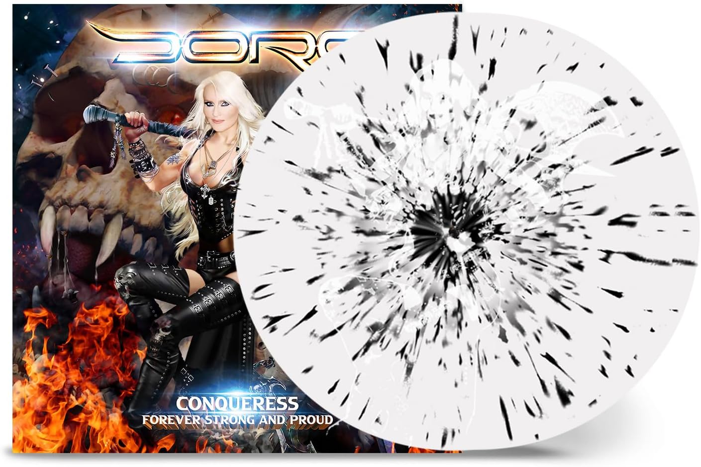 Vinyl record with warrior woman artwork and swirling white pattern.