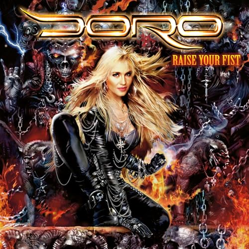 Blonde woman in black leather clothing surrounded by chains, monsters, and fire.