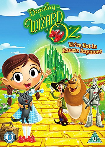 "DVD cover featuring cartoon Dorothy and friends on the yellow brick road."