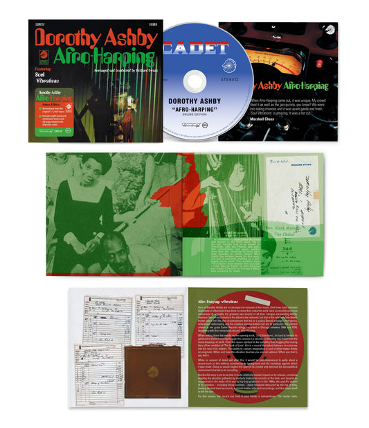 CD packaging for Dorothy Ashby’s “Afro Harping Deluxe” album, featuring green foliage.