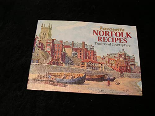 Cookbook cover: “Favourite Norfolk Recipes” with a coastal town illustration.