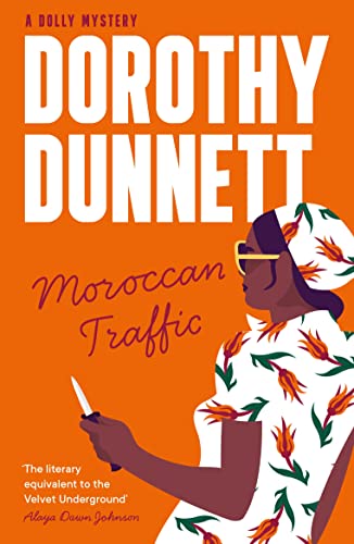Book cover: woman with knife, orange background, "Moroccan Traffic" title.