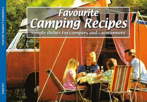 Book cover: "Favourite Camping Recipes" with a vintage camper and family.