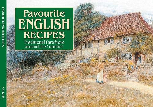 Cookbook cover with "Favourite English Recipes" title and a rural cottage scene.