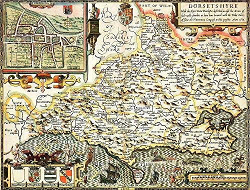 1610 map of Dorset, England, with decorative borders and heraldry.