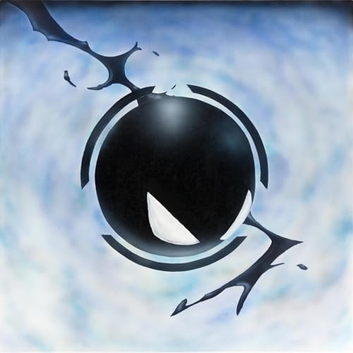Vinyl record cover with abstract black and white shapes on a blue background.