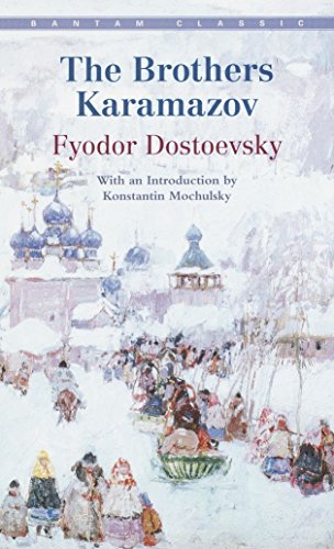 Book cover: “The Brothers Karamazov” with a snowy Russian landscape.