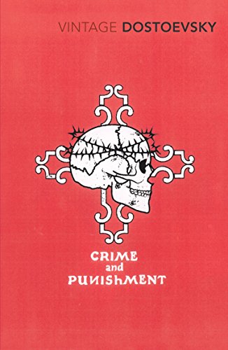 "Book cover of 'Crime and Punishment' with scales and red background."