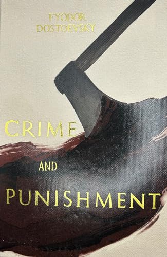 Book cover of Crime and Punishment featuring an axe illustration over dark red paint.