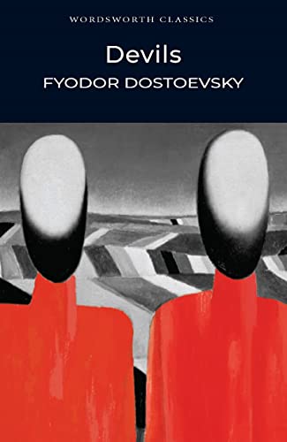 Book cover for Devils by Fyodor Dostoevsky featuring two figures in red against landscape.