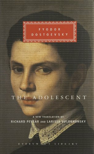 Book cover: "The Adolescent" by Fyodor Dostoevsky, portrait of a young man.