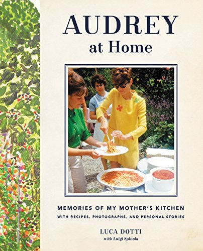Book cover featuring Audrey Hepburn in a yellow dress serving pasta outdoors.