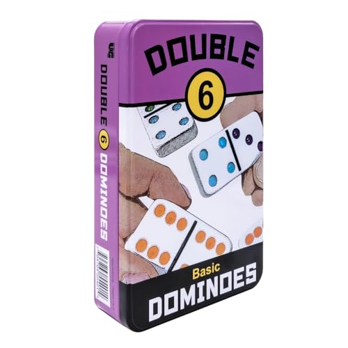 Purple tin of Double 6 dominoes with hands holding tiles.