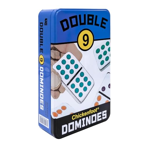 Blue tin of Double 9 dominoes with white spotted tiles visible.