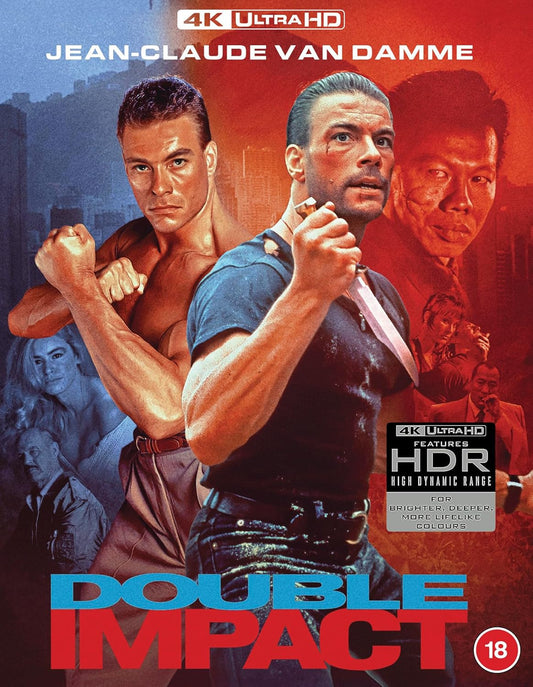 “Double Impact” 4K Blu-ray cover featuring Jean-Claude Van Damme in two roles.