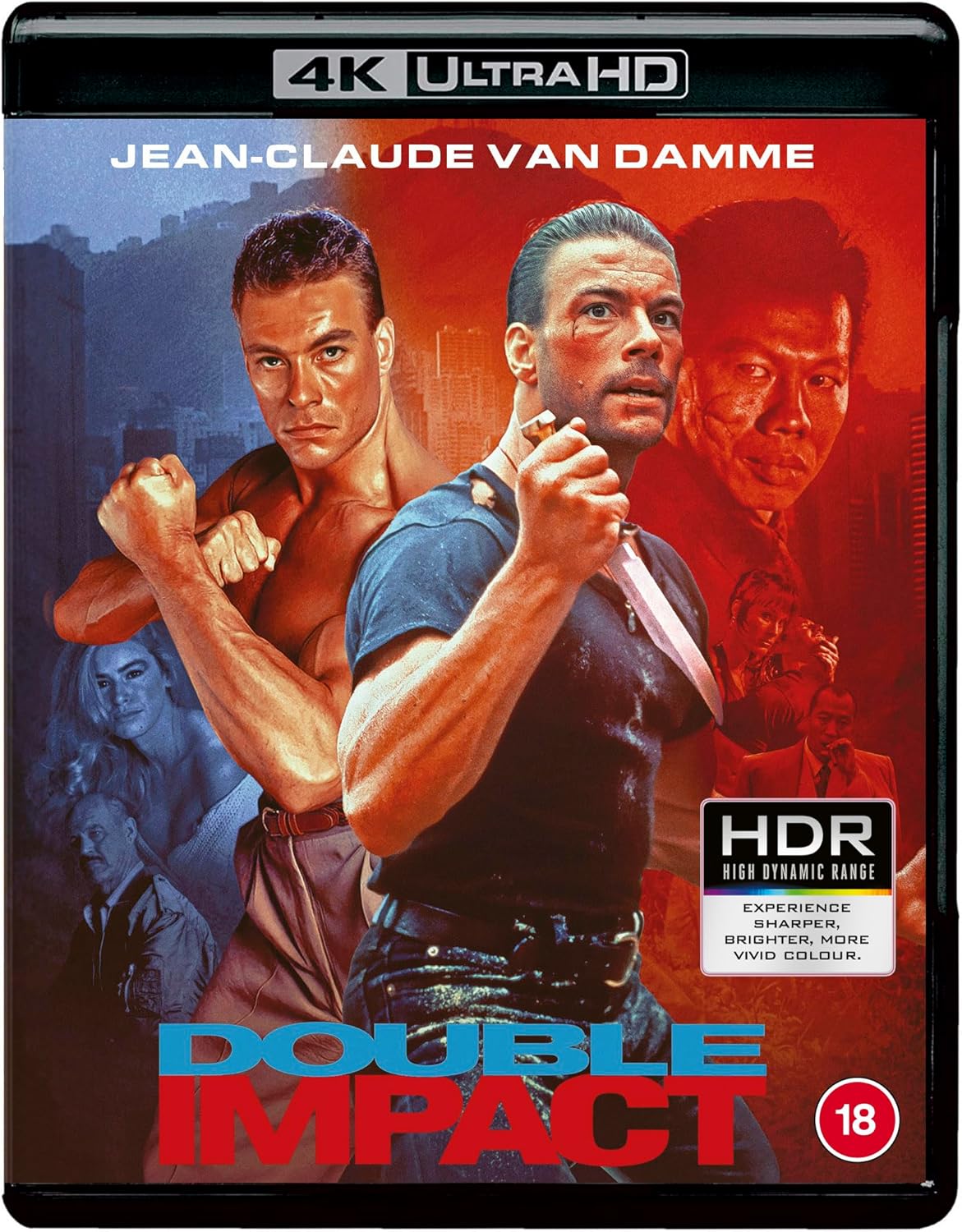 Double Impact 4K UHD Blu-ray cover featuring Jean-Claude Van Damme in a dual role.